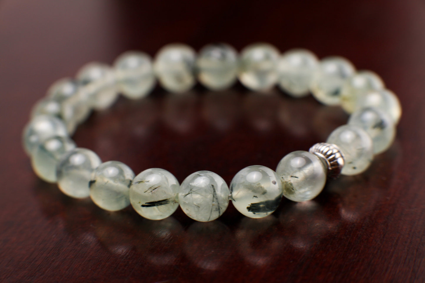 Natural Prehnite, Green Tourmalinated Quartz 8mm Smooth Round Stretchy Bracelet, Healing Gems, Chakra Gift for Her