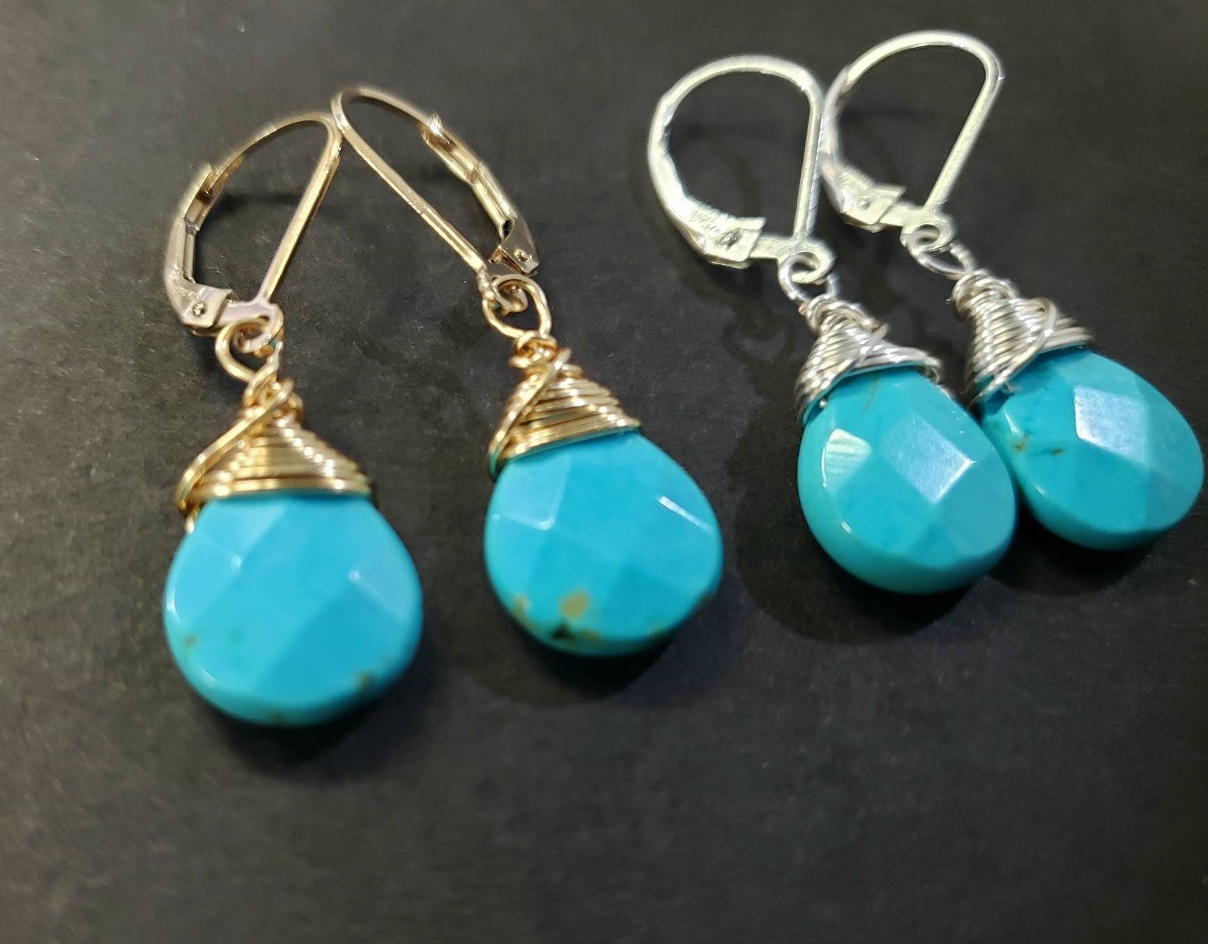 Genuine Blue Arizona Turquoise Sleeping Beauty Tear Drop Wire Wrapped Handmade Earrings, 925 Sterling Silver Leverback Earrings