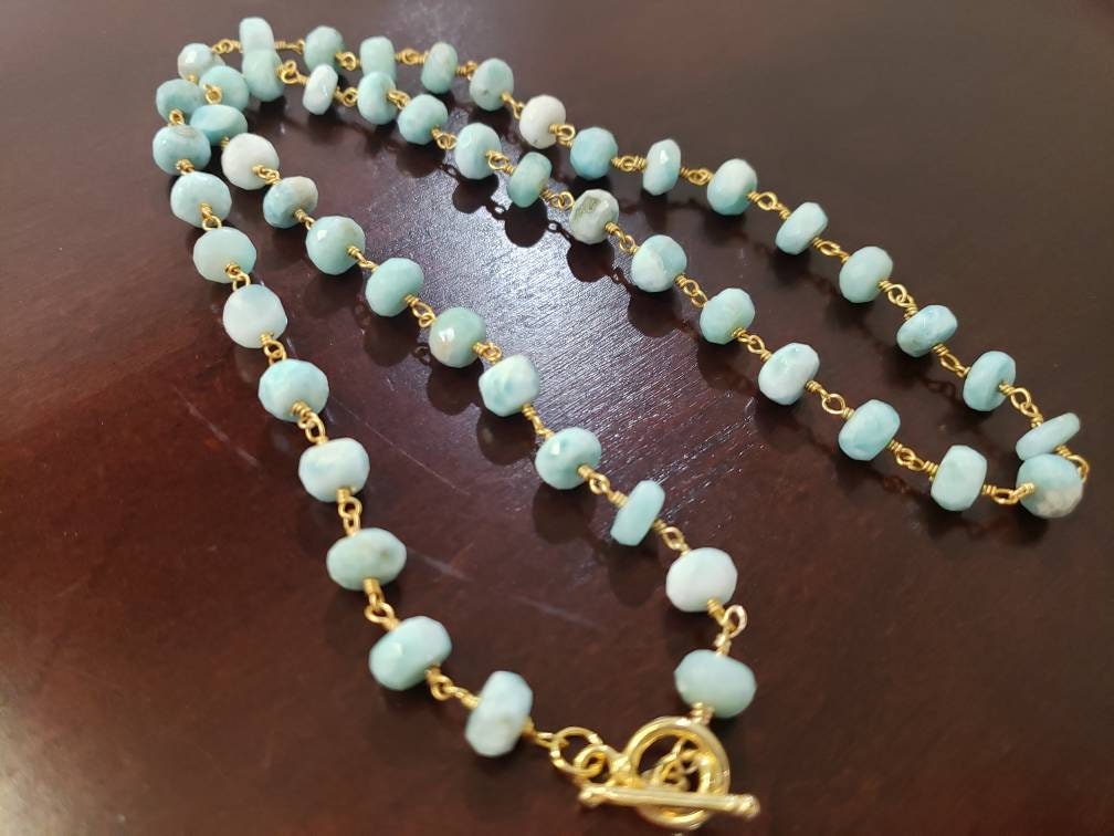 Natural Larimar Faceted 7mm Rondelle Gemstone Choker, Layering Necklace 18k gold vermeil handmade wire wrapped Healing Gem