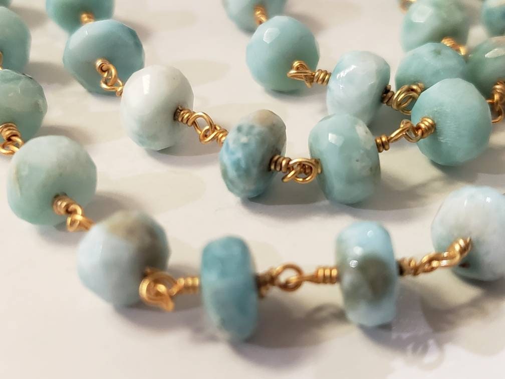 Natural Larimar Faceted 7mm Rondelle Gemstone Choker, Layering Necklace 18k gold vermeil handmade wire wrapped Healing Gem