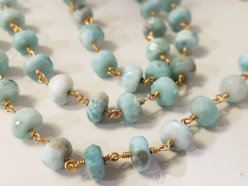 Natural Larimar Faceted 7mm Rondelle Gemstone Choker, Layering Necklace 18k gold vermeil handmade wire wrapped Healing Gem