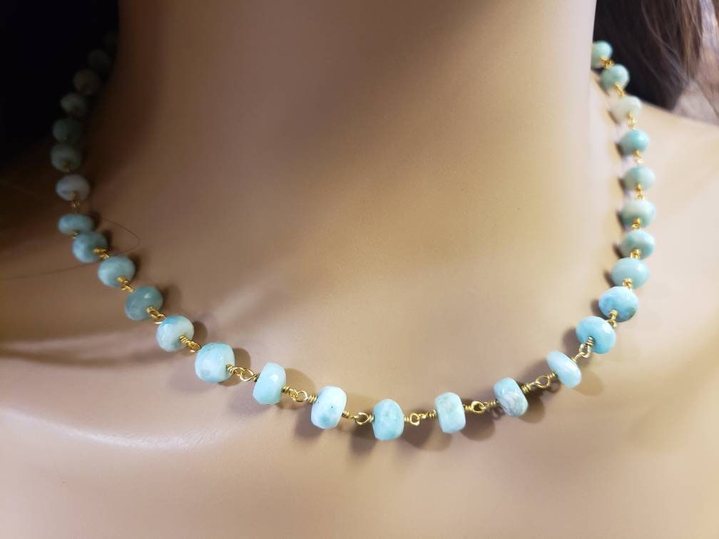 Natural Larimar Faceted 7mm Rondelle Gemstone Choker, Layering Necklace 18k gold vermeil handmade wire wrapped Healing Gem