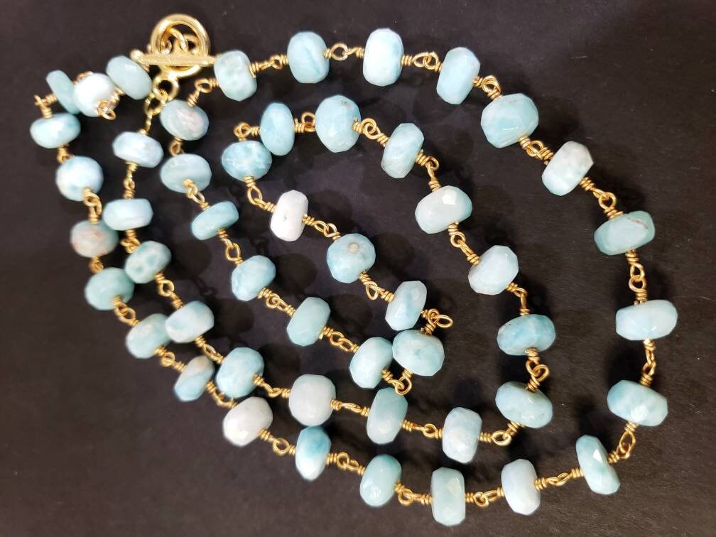 Natural Larimar Faceted 7mm Rondelle Gemstone Choker, Layering Necklace 18k gold vermeil handmade wire wrapped Healing Gem