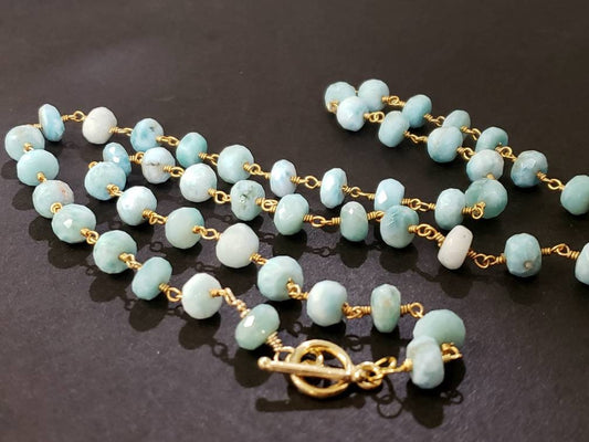 Natural Larimar Faceted 7mm Rondelle Gemstone Choker, Layering Necklace 18k gold vermeil handmade wire wrapped Healing Gem