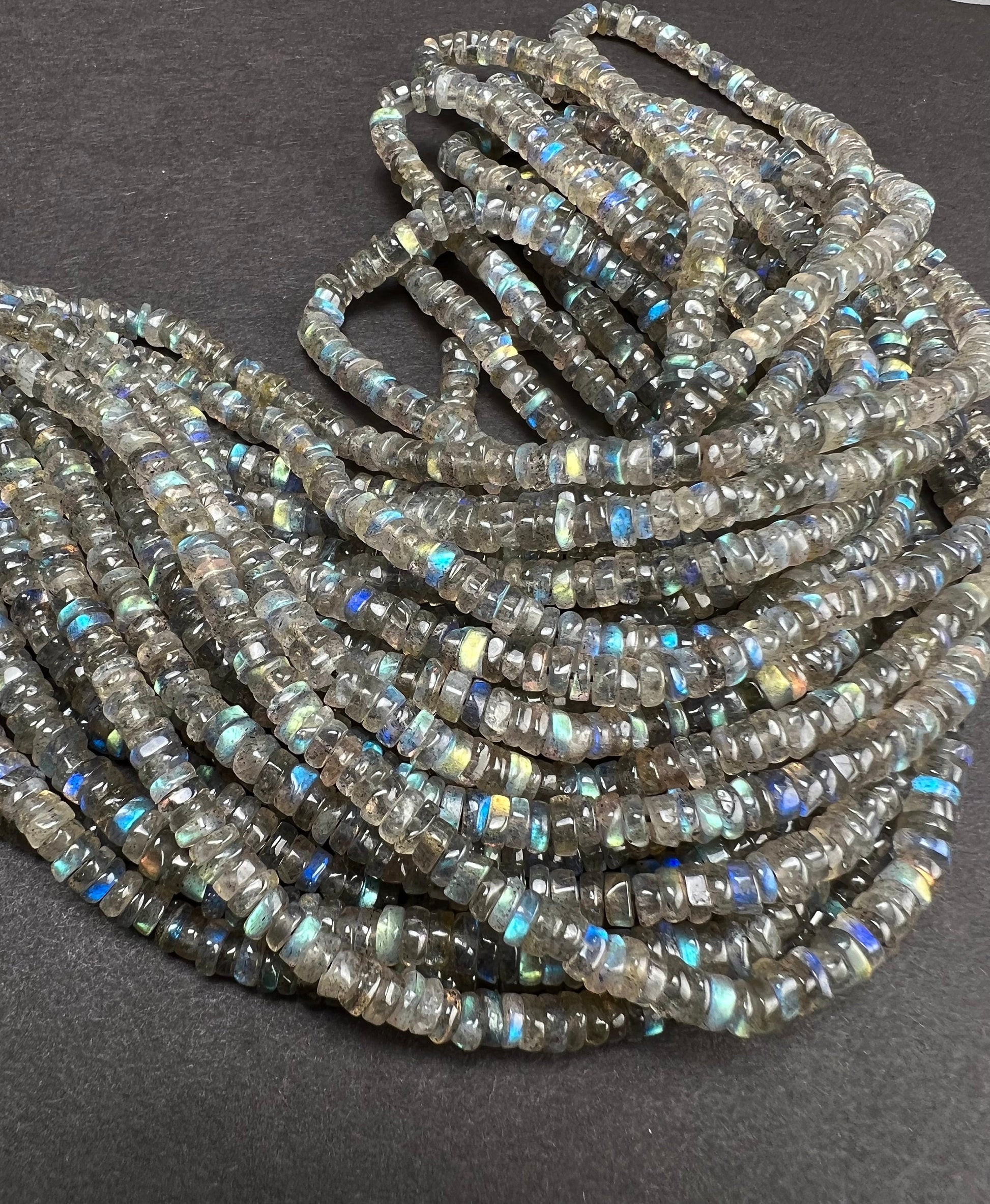 Labradorite smooth Heishe 4.5mm Natural Blue Flash Labradorite Gemstone Jewelry Making Beads 12" Strand