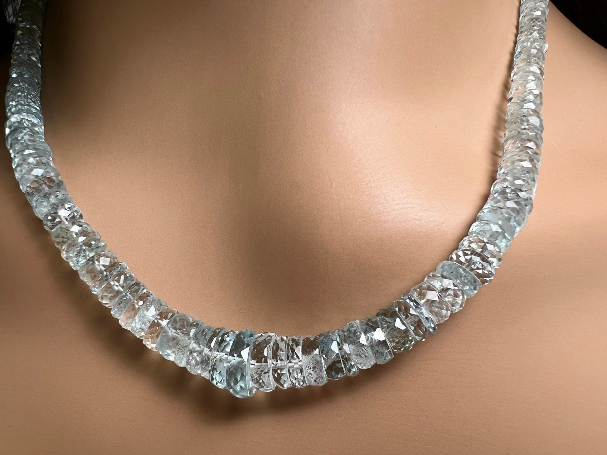 Natural Aquamarine Santa Maria wheel Heishi 4-9mm Micro Faceted Graduated Roundel necklace. Rare AAA clear gem quality