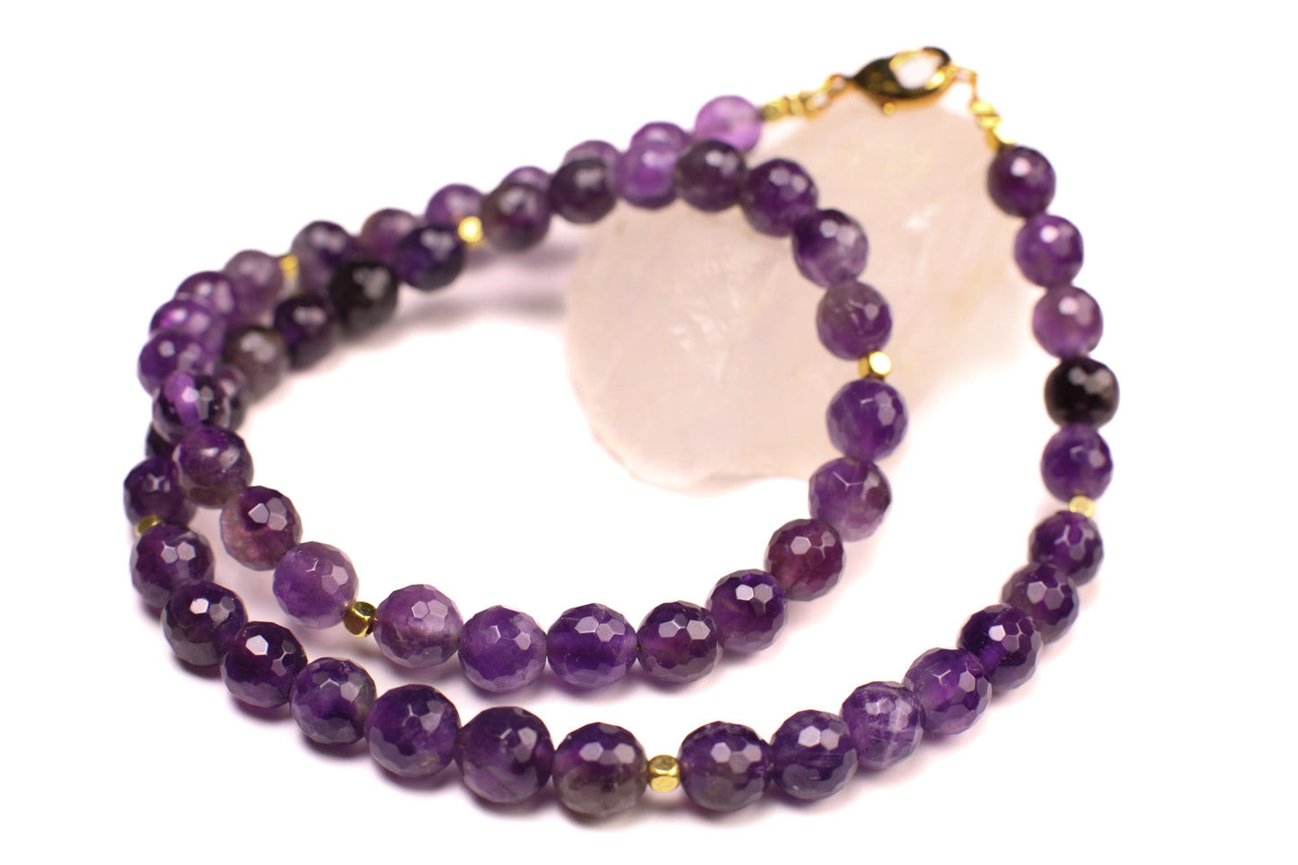 Natural Amethyst Purple 8mm Faceted Round beaded Choker, Layering Gold Necklace, February birthstone 14"- 30"