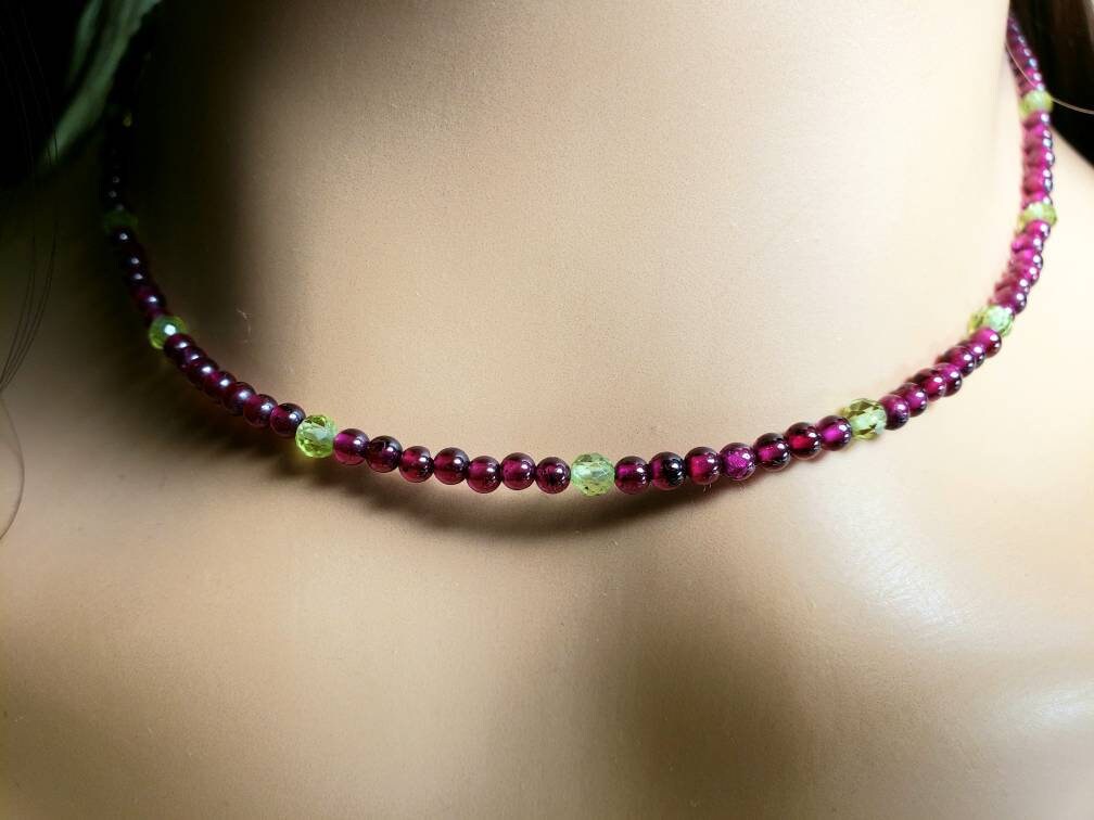 Merlot Red Garnet 3mm smooth Round,spacer with natural peridot necklace choker layering January Birthstone,Woman Gift