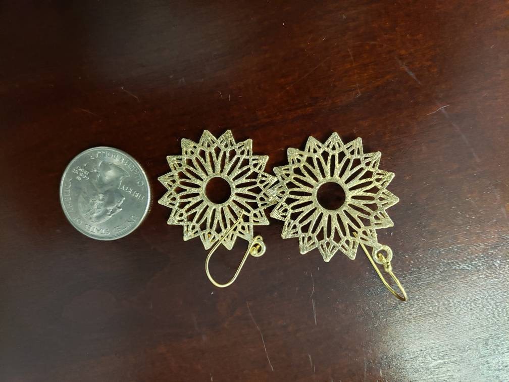 18K Gold Vermeil Bali Brush Gold Filigree Flower 30mm Circle Handmade Earrings, Beautiful light yellow gold Earrings gift