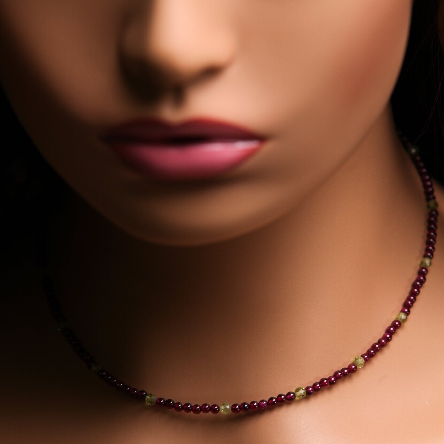 Merlot Red Garnet 3mm smooth Round,spacer with natural peridot necklace choker layering January Birthstone,Woman Gift