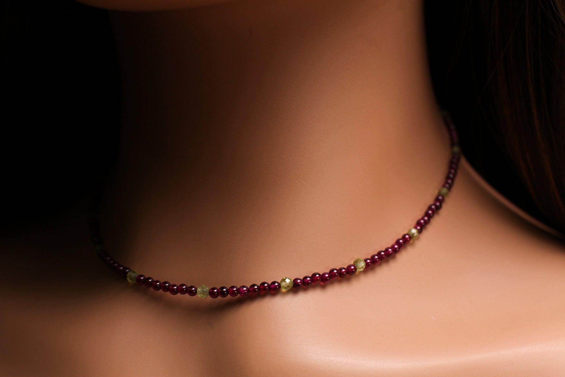 Merlot Red Garnet 3mm smooth Round,spacer with natural peridot necklace choker layering January Birthstone,Woman Gift