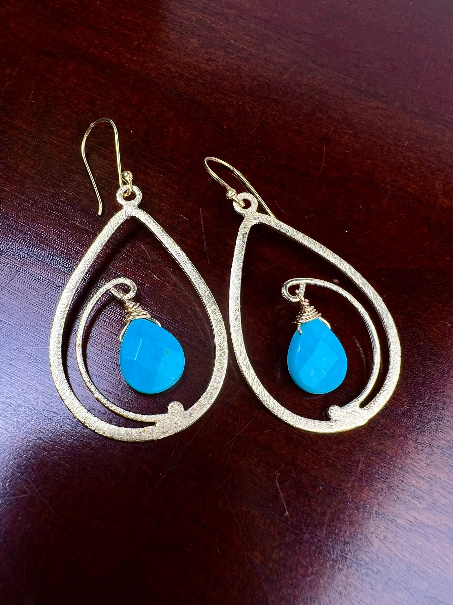 18k Gold Vermeil bali brush gold 40mm long drop hoop with sleeping beauty blue Turquoise drop Earrings, beautiful light yellow gold gift