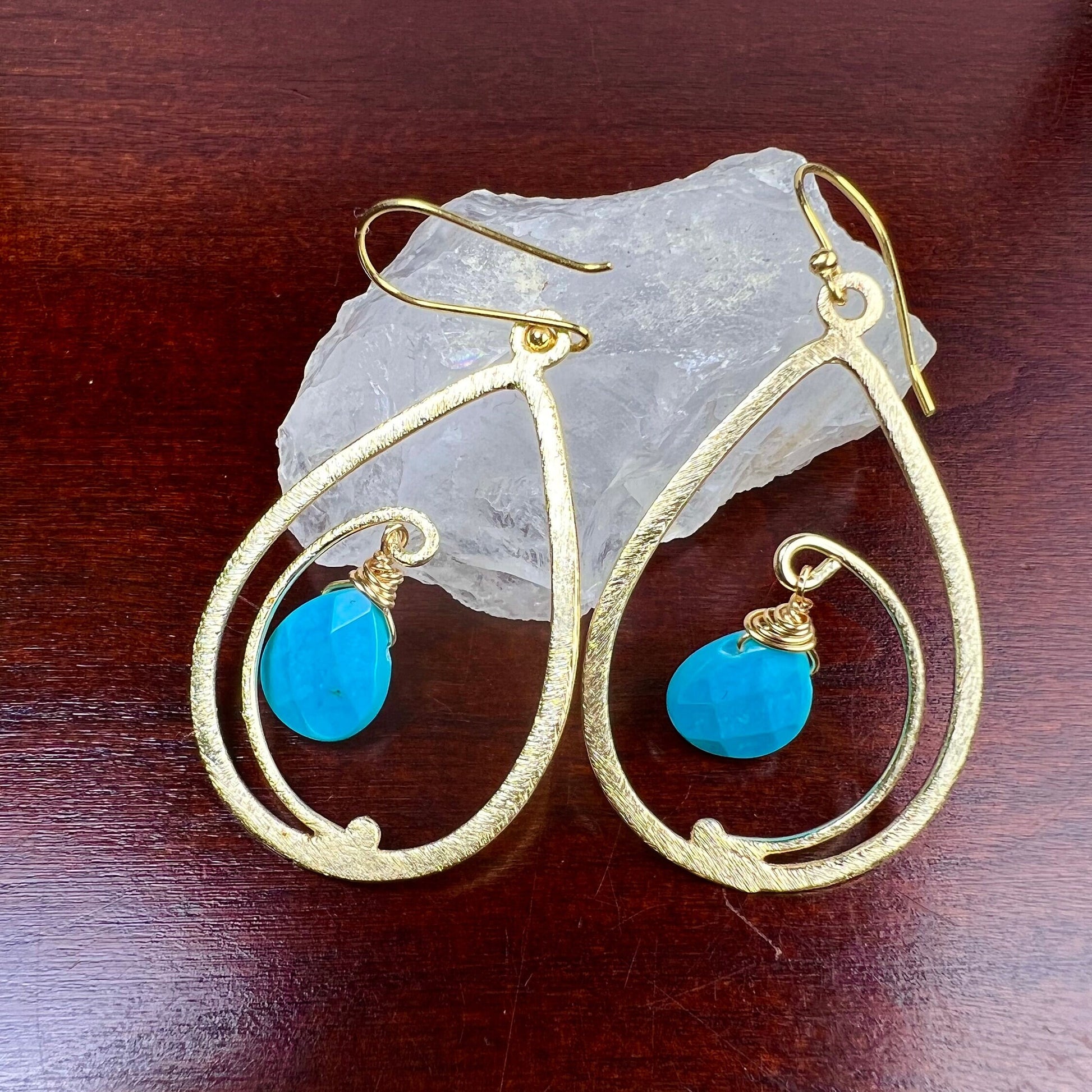 18k Gold Vermeil bali brush gold 40mm long drop hoop with sleeping beauty blue Turquoise drop Earrings, beautiful light yellow gold gift