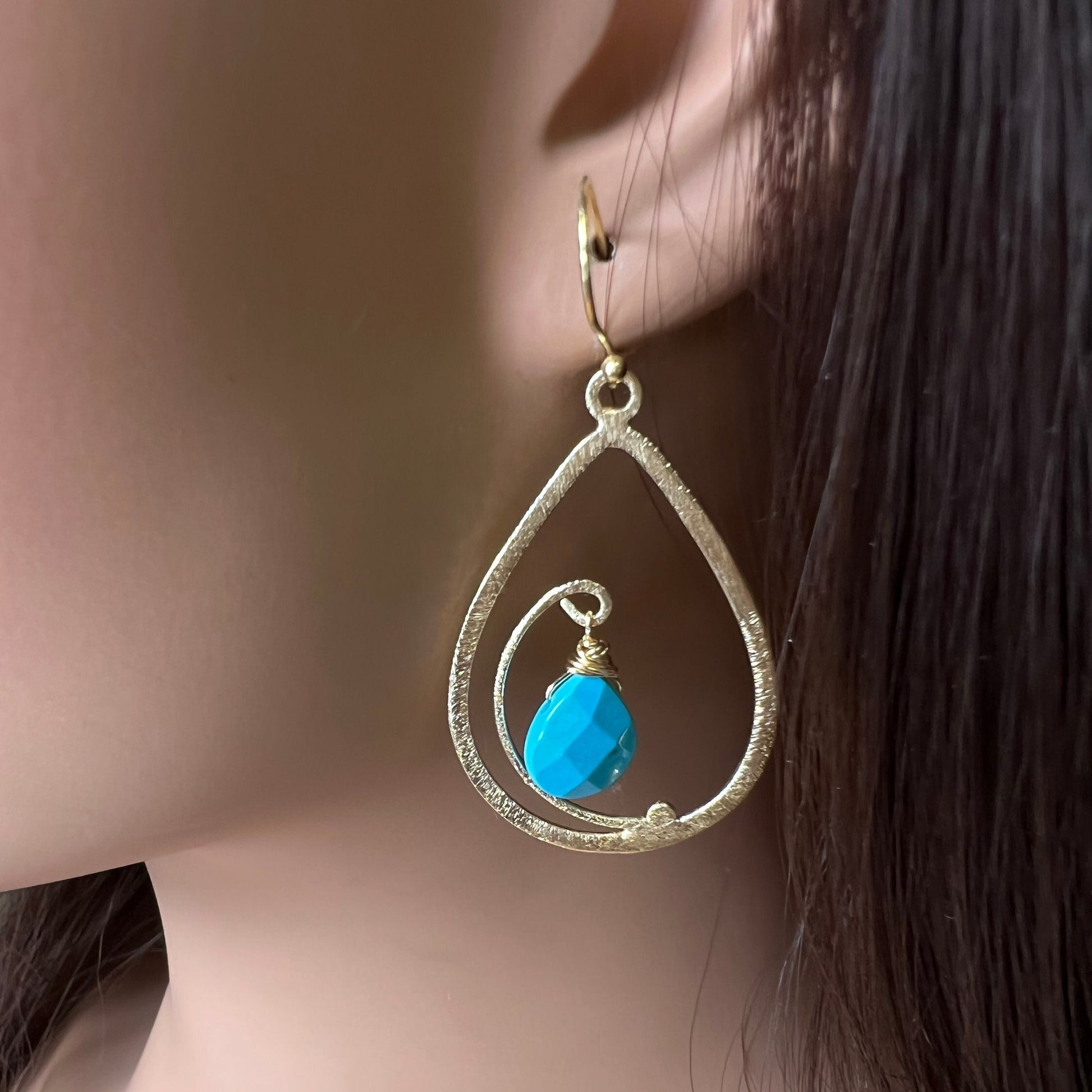 18k Gold Vermeil bali brush gold 40mm long drop hoop with sleeping beauty blue Turquoise drop Earrings, beautiful light yellow gold gift