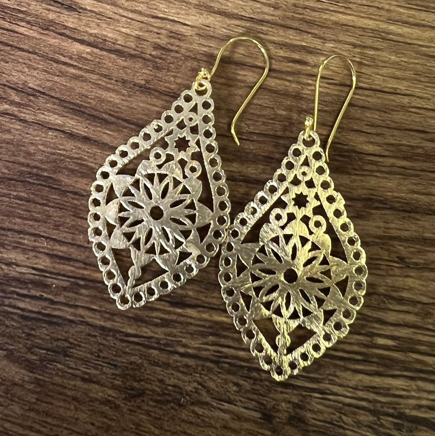 18k Gold Vermeil Bali brush gold Filigree flower 40mm long Handmade Earrings, beautiful light yellow gold color Earrings, gift