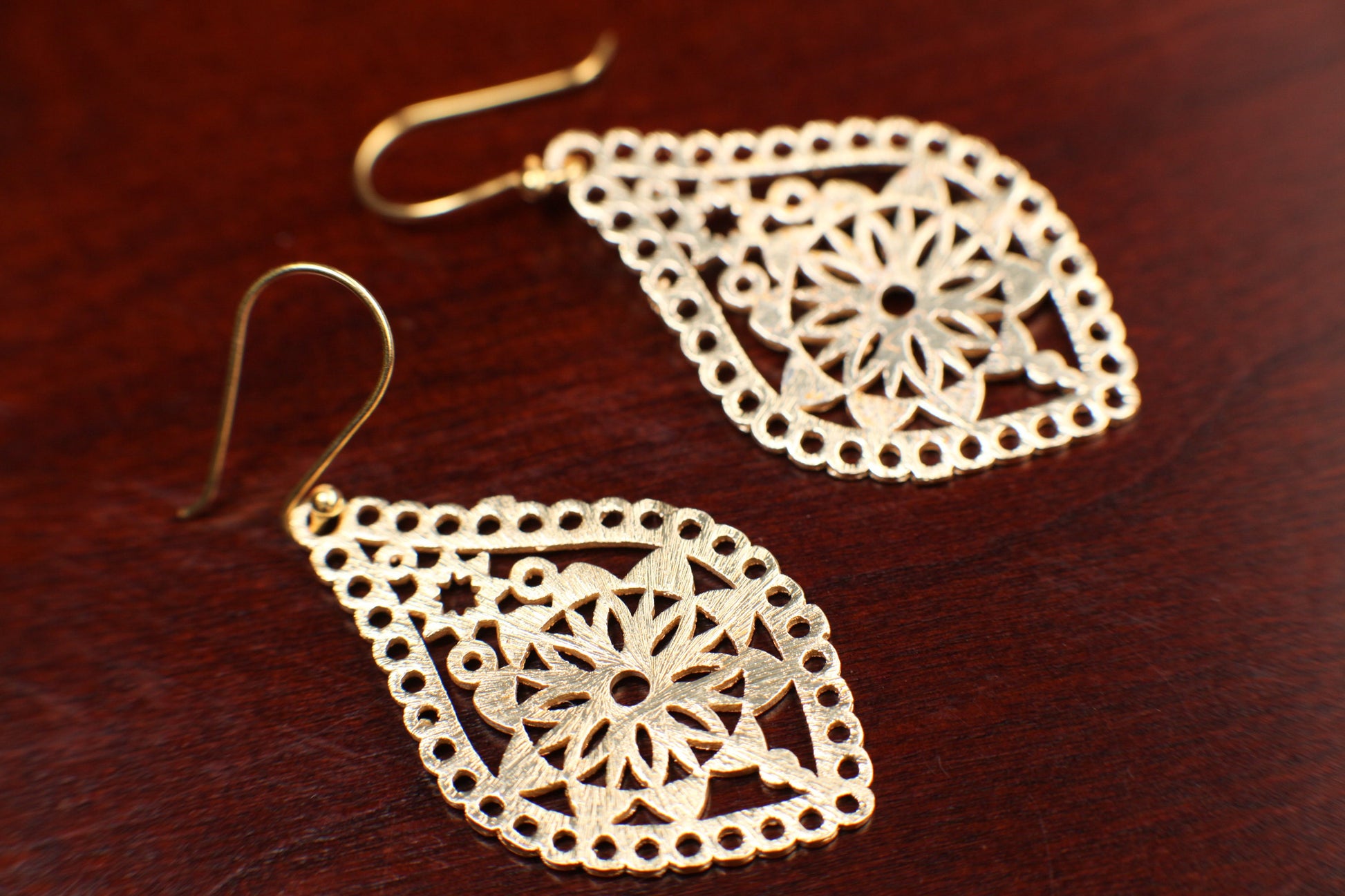 18k Gold Vermeil Bali brush gold Filigree flower 40mm long Handmade Earrings, beautiful light yellow gold color Earrings, gift