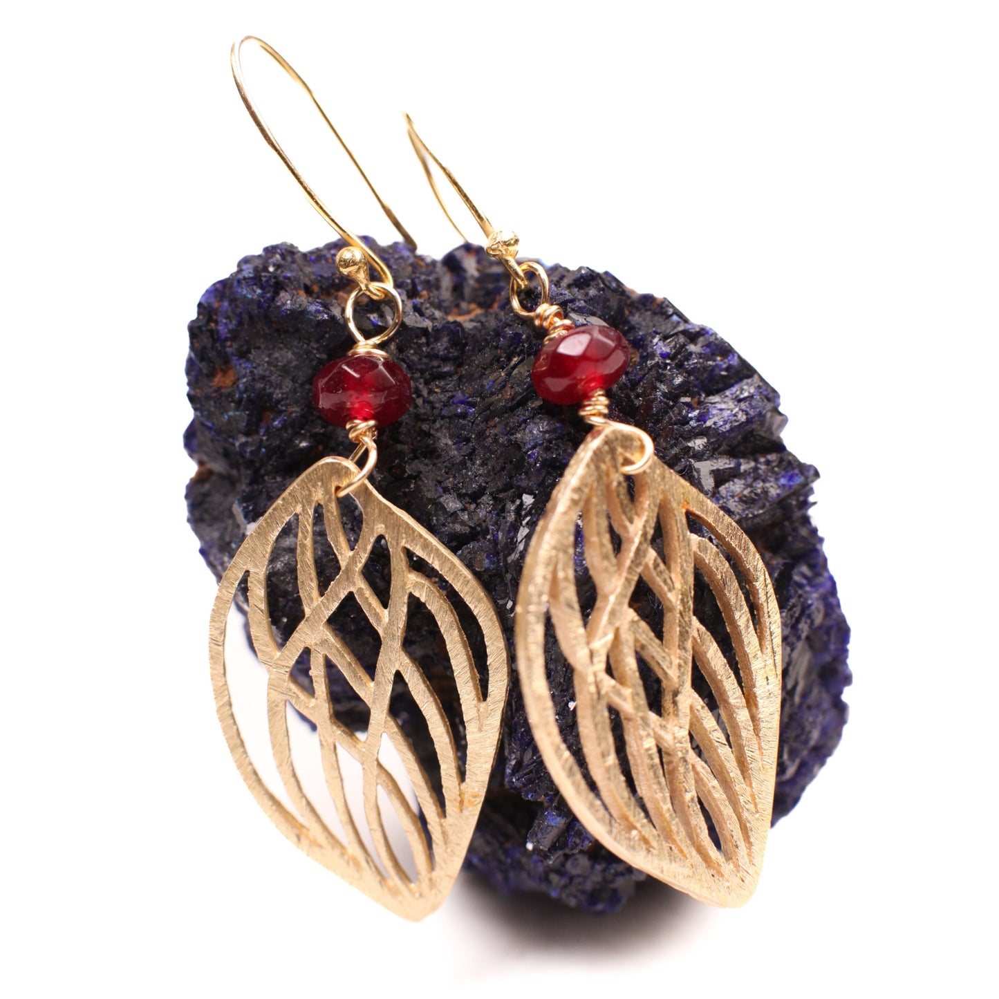 18k Gold Vermeil Bali brush gold Filigree 31mm long Handmade Earrings with Garnet Spacer, yellow gold Earrings, gift