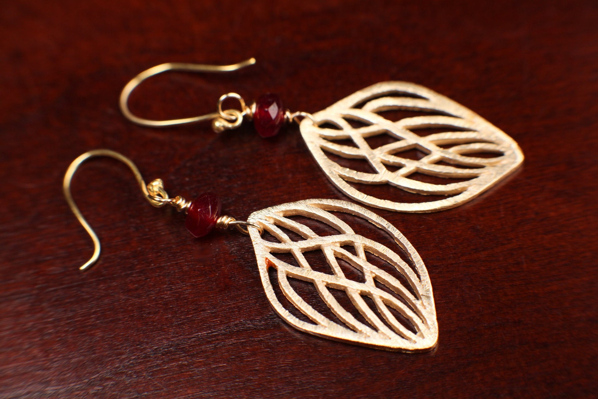 18k Gold Vermeil Bali brush gold Filigree 31mm long Handmade Earrings with Garnet Spacer, yellow gold Earrings, gift