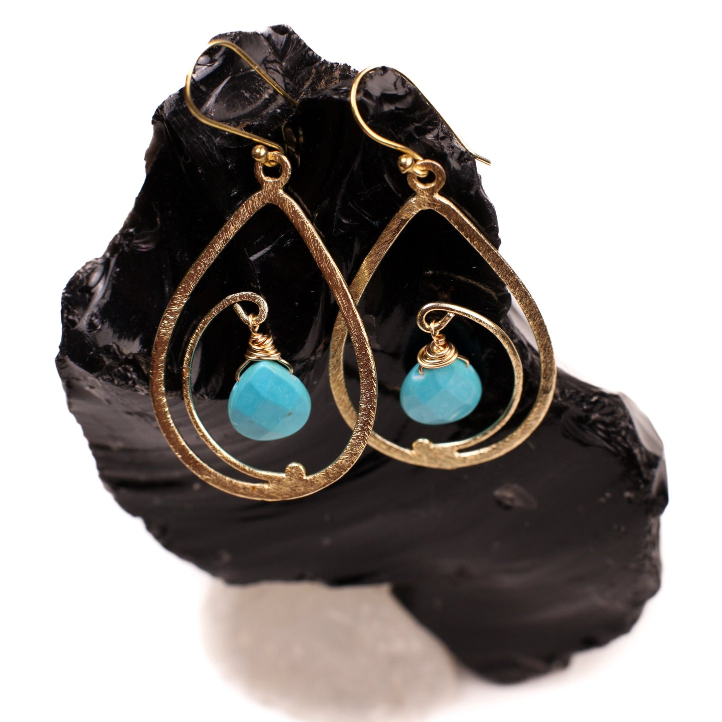 18k Gold Vermeil bali brush gold 40mm long drop hoop with sleeping beauty blue Turquoise drop Earrings, beautiful light yellow gold gift