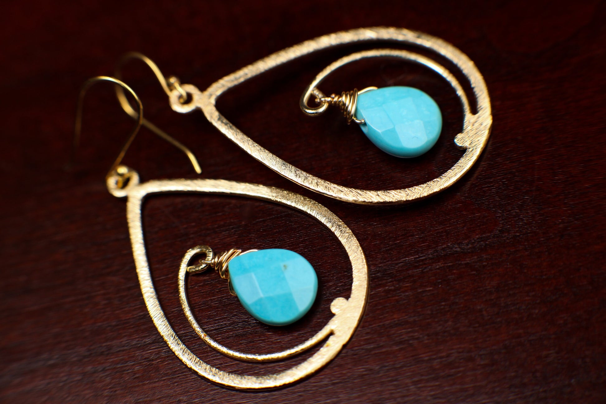 18k Gold Vermeil bali brush gold 40mm long drop hoop with sleeping beauty blue Turquoise drop Earrings, beautiful light yellow gold gift