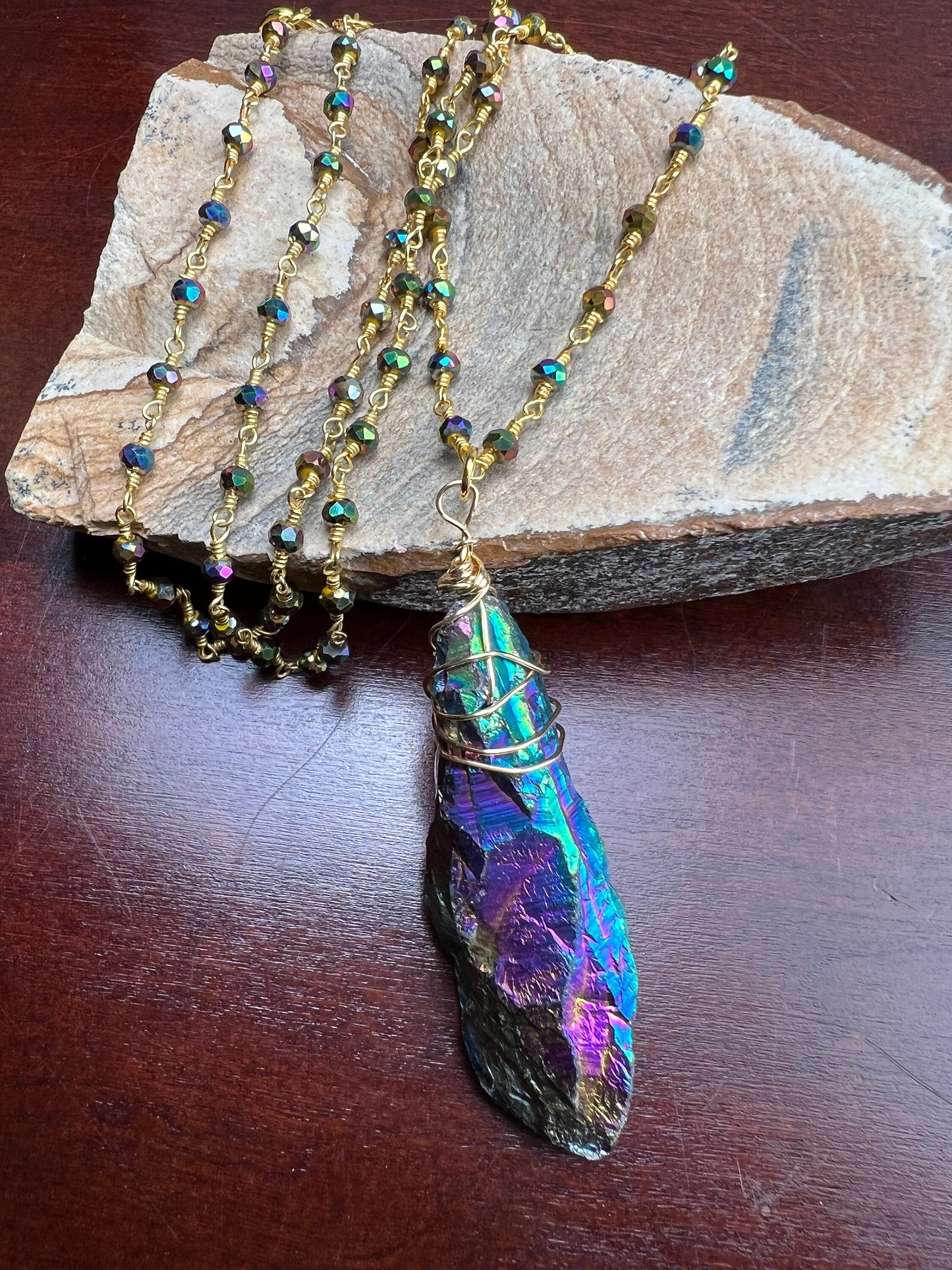 Natural Rock Crystal Raw Druzy iridescent rainbow purple gold blue shaded gold Wire Wrapped with matching crystal Chain Necklace 20”