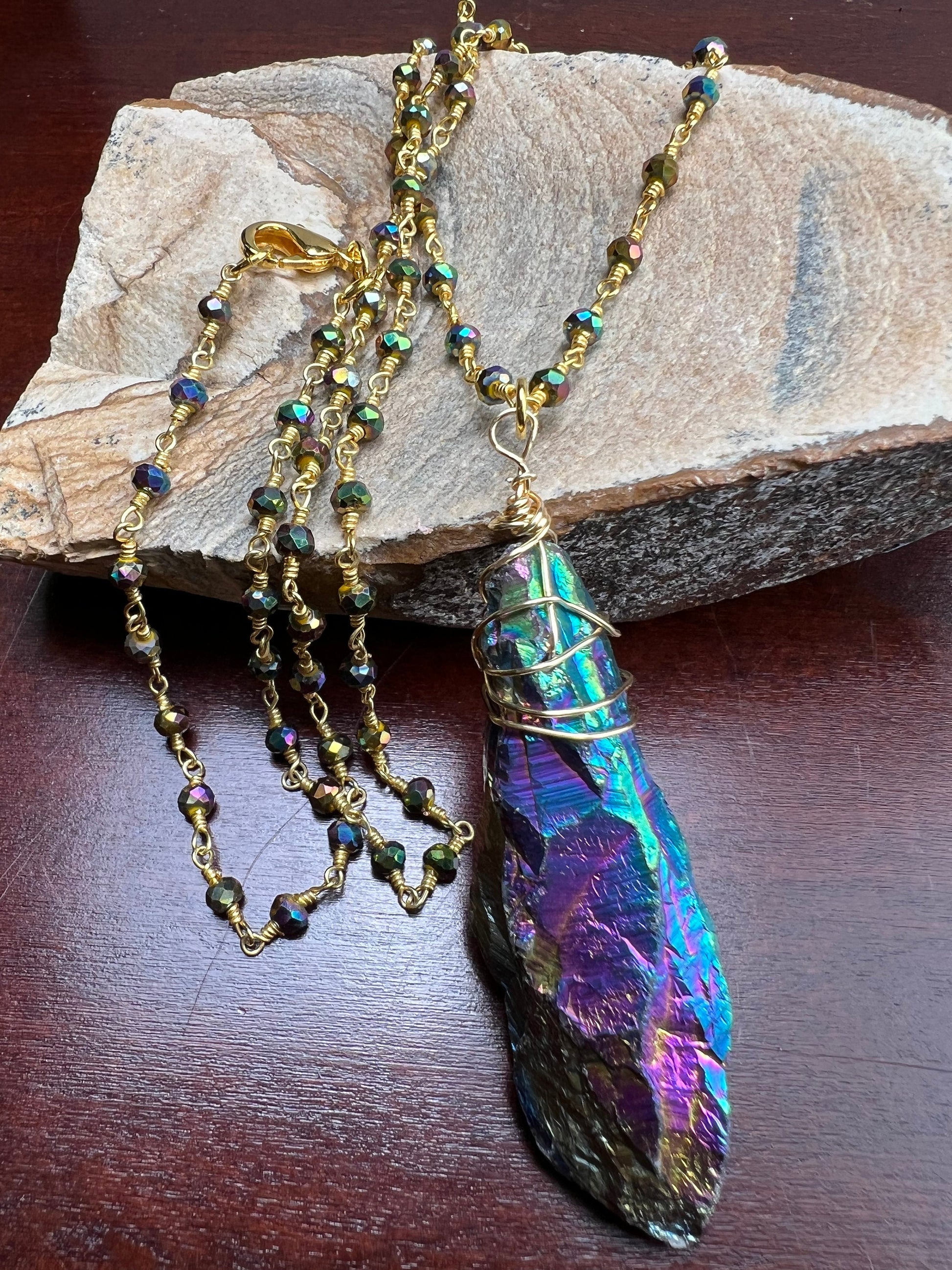 Natural Rock Crystal Raw Druzy iridescent rainbow purple gold blue shaded gold Wire Wrapped with matching crystal Chain Necklace 20”