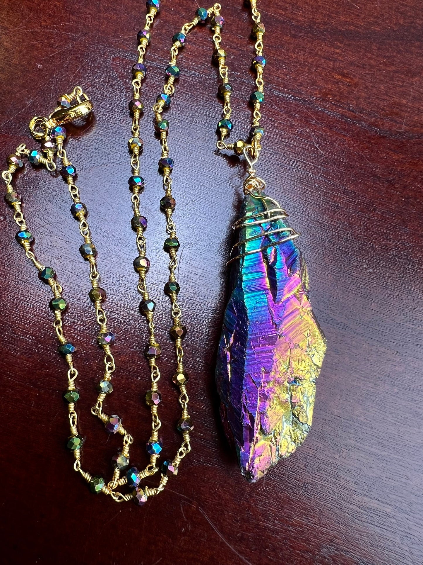 Natural Rock Crystal Raw Druzy iridescent rainbow purple gold blue shaded gold Wire Wrapped with matching crystal Chain Necklace 20”