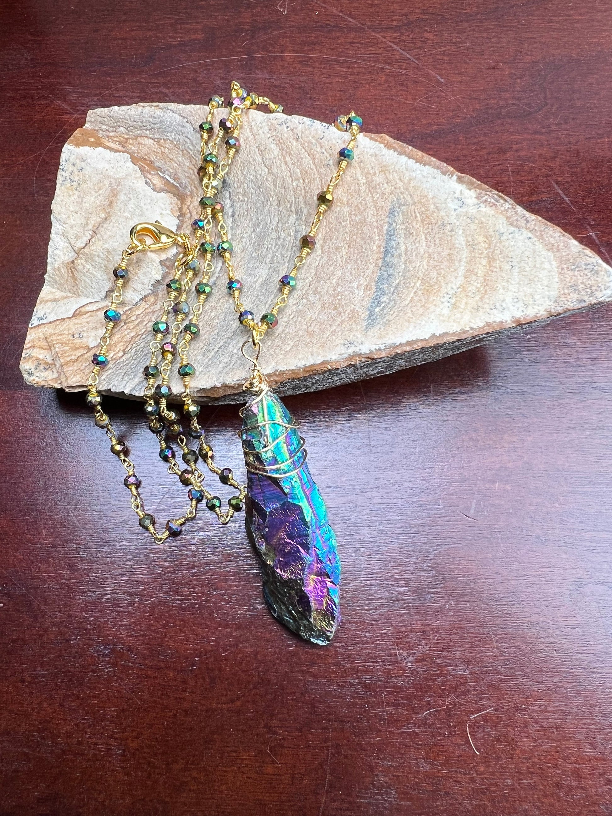 Natural Rock Crystal Raw Druzy iridescent rainbow purple gold blue shaded gold Wire Wrapped with matching crystal Chain Necklace 20”