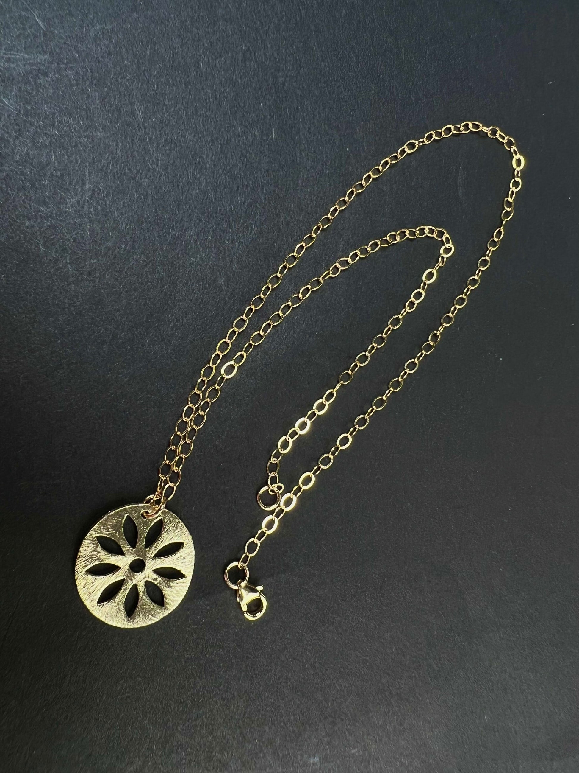 14k Gold Filled Cable Chain with Gold Vermeil Bali Brush Gold Filigree Circle Handmade Pendant Necklace