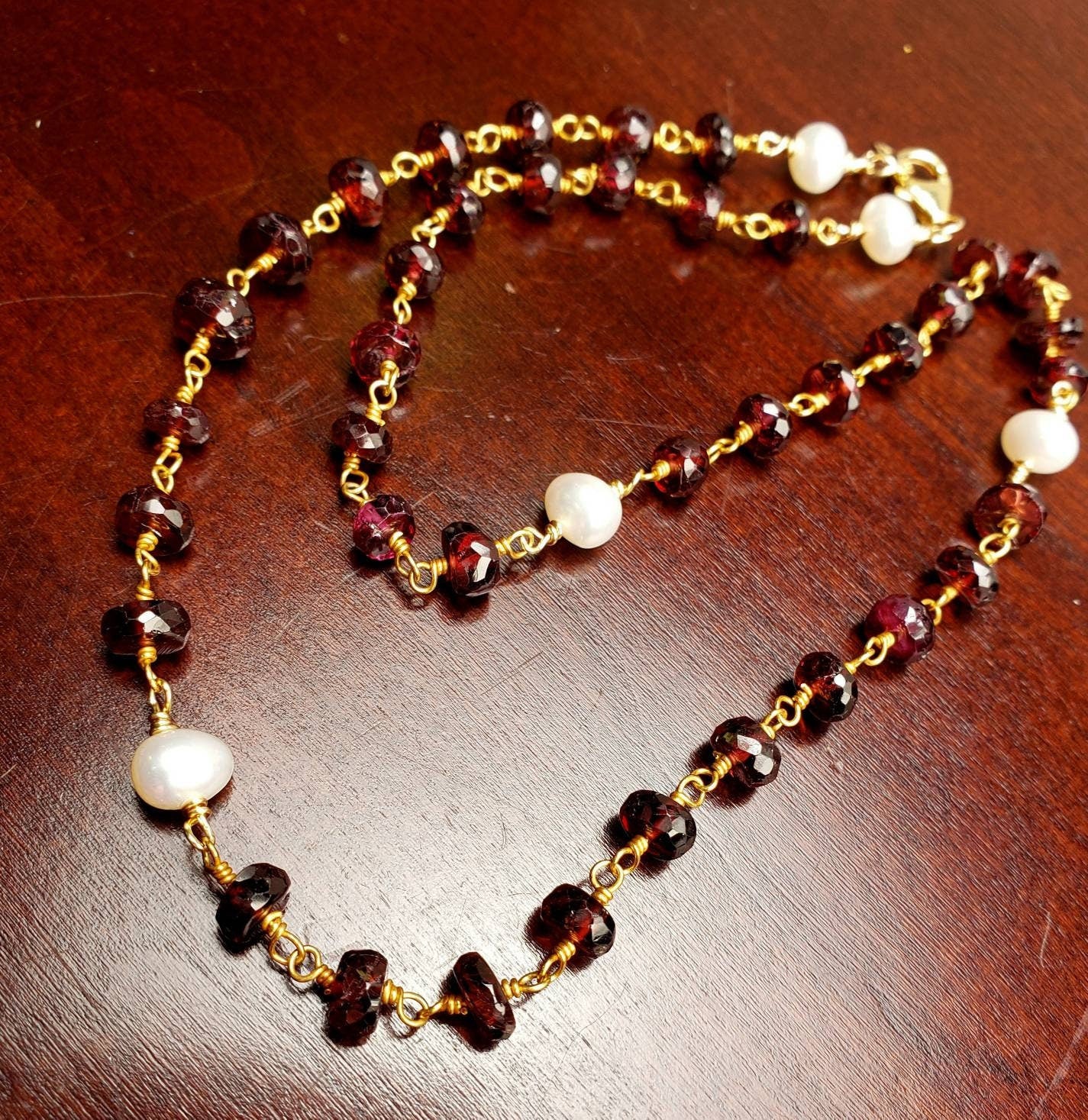 Mozambique Garnet 6mm AAA Roundel Choker wire wrapped handmade Necklace, Freshwater Pearl Spacer, 14k Goldfilled, January Birthstone