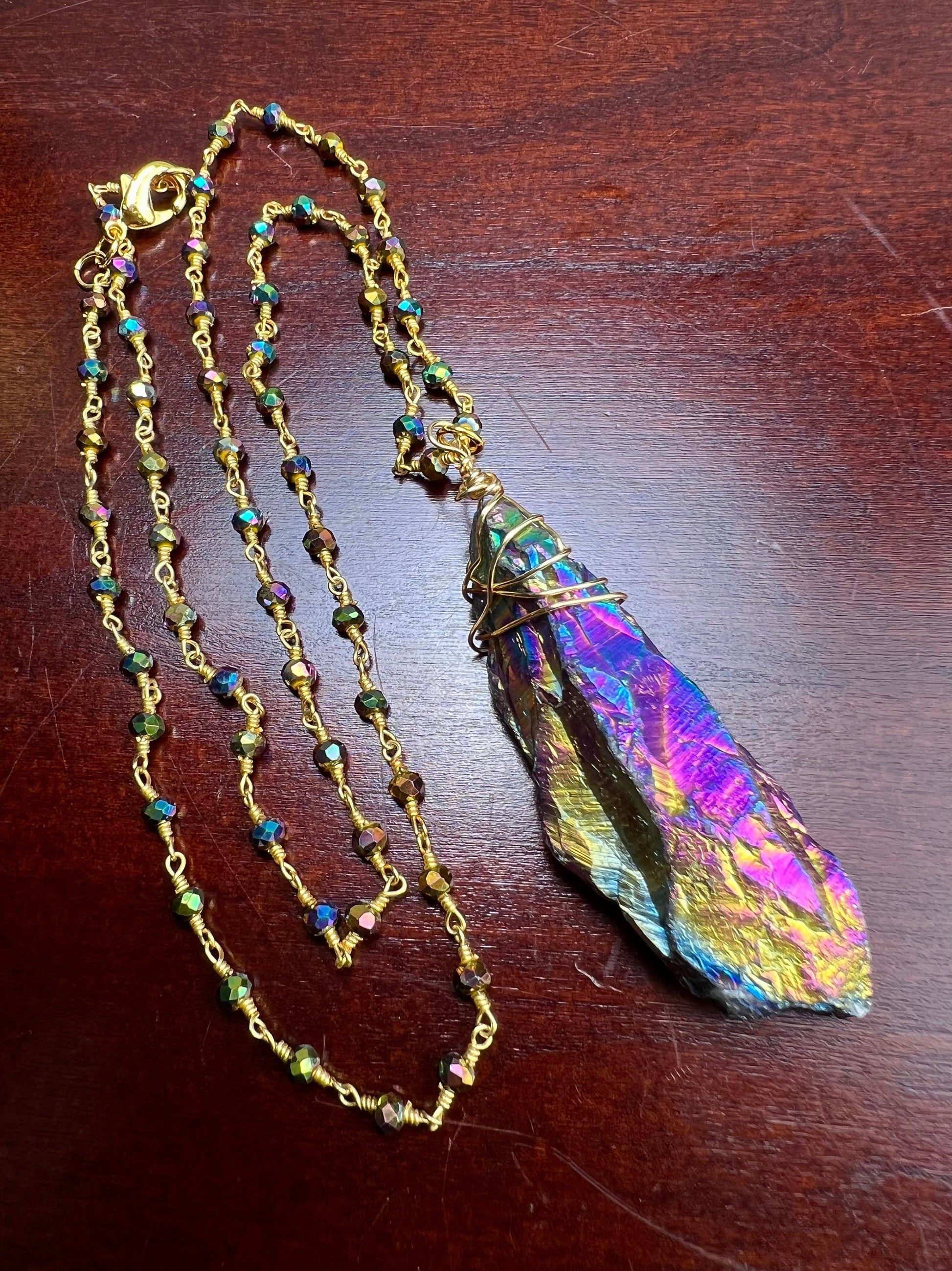 Natural Rock Crystal Raw Druzy iridescent rainbow purple gold blue shaded gold Wire Wrapped with matching crystal Chain Necklace 20”