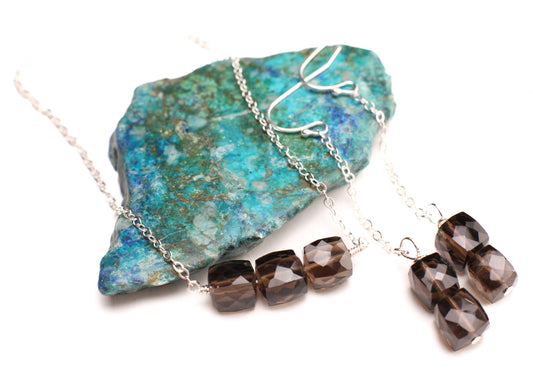 Natural Smokey Quartz 8mm Cube Wire Wrapped in 925 Sterling Silver Matching Earrings Necklace Jewelry Set