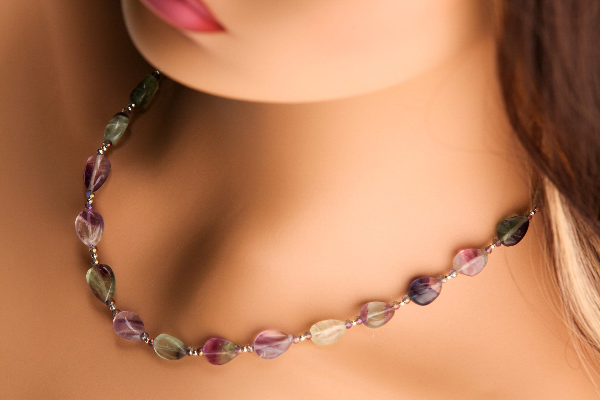 Natural Rainbow Fluorite 8.5x12mm Pear Drop Gemstone Silver Necklace with 2" Extender Choker layering, prom, graduation ,June Birthstone