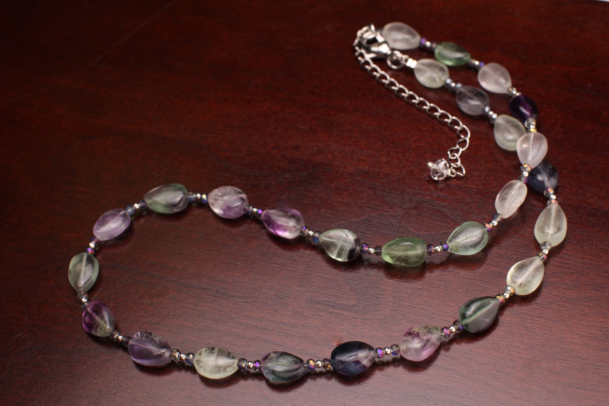 Natural Rainbow Fluorite 8.5x12mm Pear Drop Gemstone Silver Necklace with 2" Extender Choker layering, prom, graduation ,June Birthstone