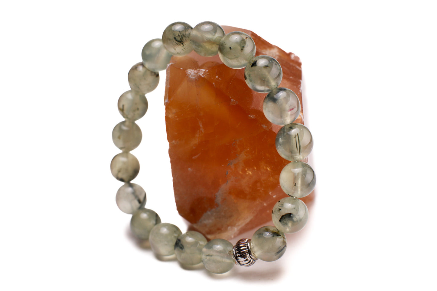 Natural Prehnite, Green Tourmalinated Quartz 8mm Smooth Round Stretchy Bracelet, Healing Gems, Chakra Gift for Her