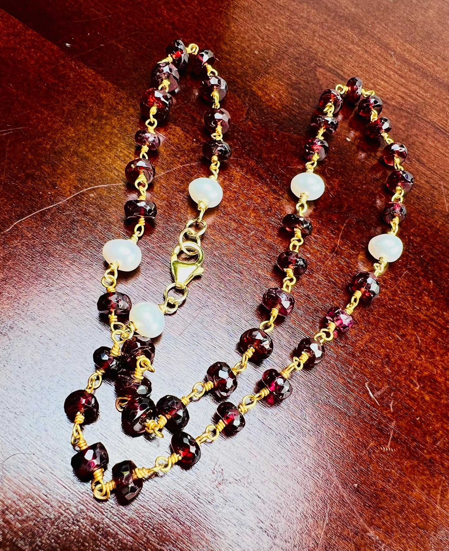 Mozambique Garnet 6mm AAA Roundel Choker wire wrapped handmade Necklace, Freshwater Pearl Spacer, 14k Goldfilled, January Birthstone