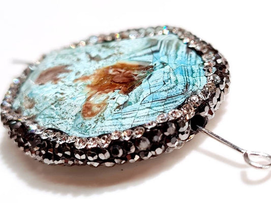 Blue Ocean Jasper 30x38x8mm Free Form Oval, Rhinestone Crystal Pave Pendant, focal bead, center piece for jewelry making. 1 piece