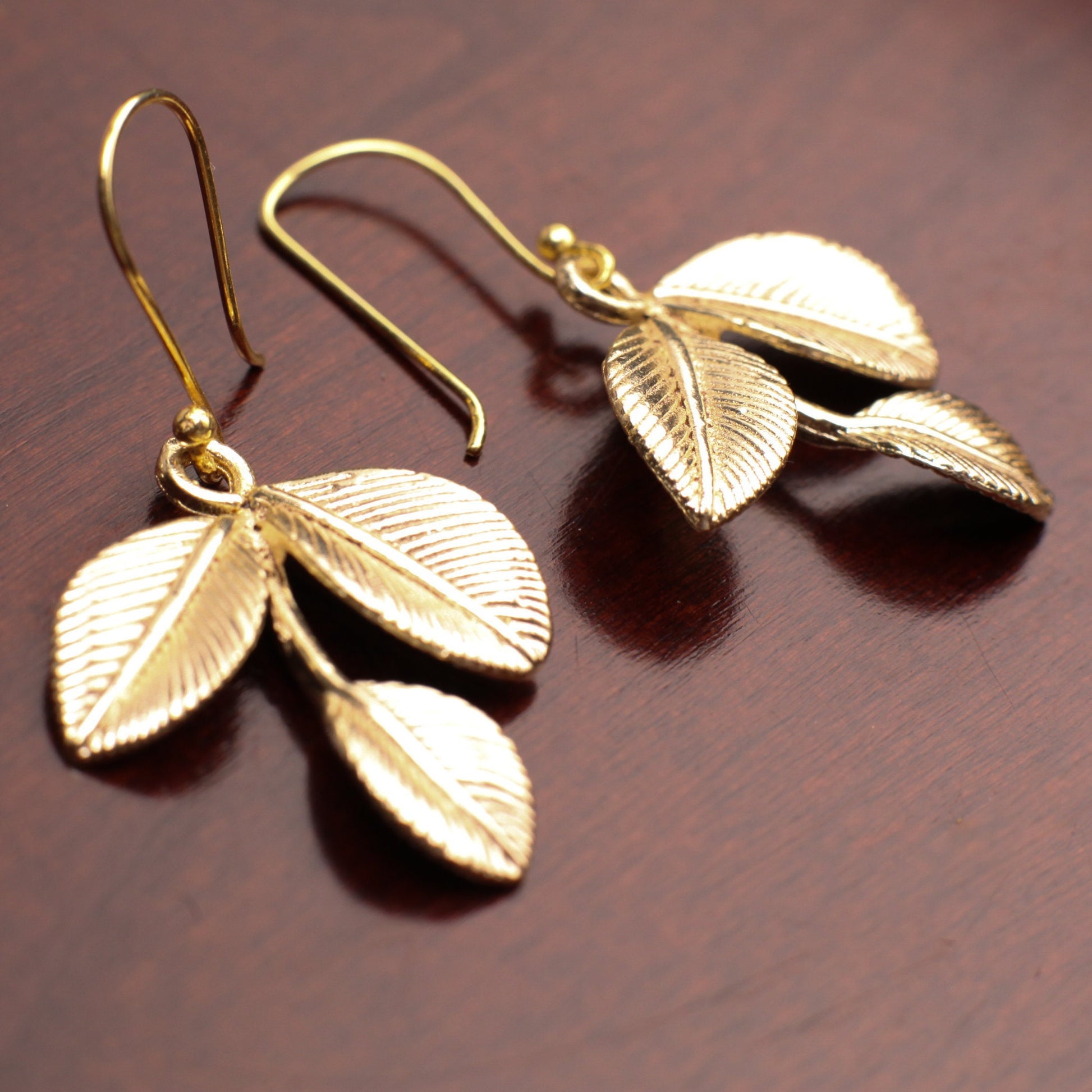 18k Gold Vermeil Bali Brush Gold Leaf Handmade Earrings, Beautiful Light Yellow Gold Color Medium Heavy Weight gift