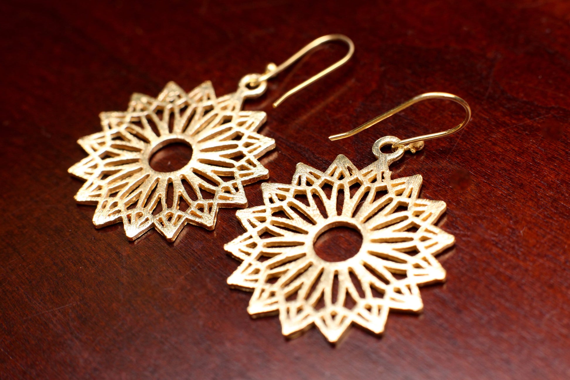 18K Gold Vermeil Bali Brush Gold Filigree Flower 30mm Circle Handmade Earrings, Beautiful light yellow gold Earrings gift