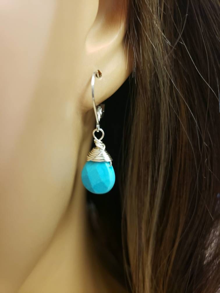 Genuine Blue Arizona Turquoise Sleeping Beauty Tear Drop Wire Wrapped Handmade Earrings, 925 Sterling Silver Leverback Earrings