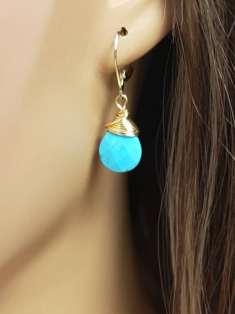 Genuine Blue Arizona Turquoise Sleeping Beauty Tear Drop Wire Wrapped Handmade Earrings, 14K Goldfilled Leverback Earrings