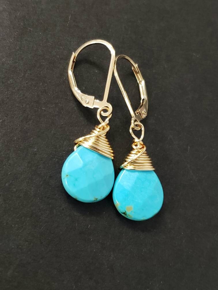 Genuine Blue Arizona Turquoise Sleeping Beauty Tear Drop Wire Wrapped Handmade Earrings, 14K Goldfilled Leverback Earrings