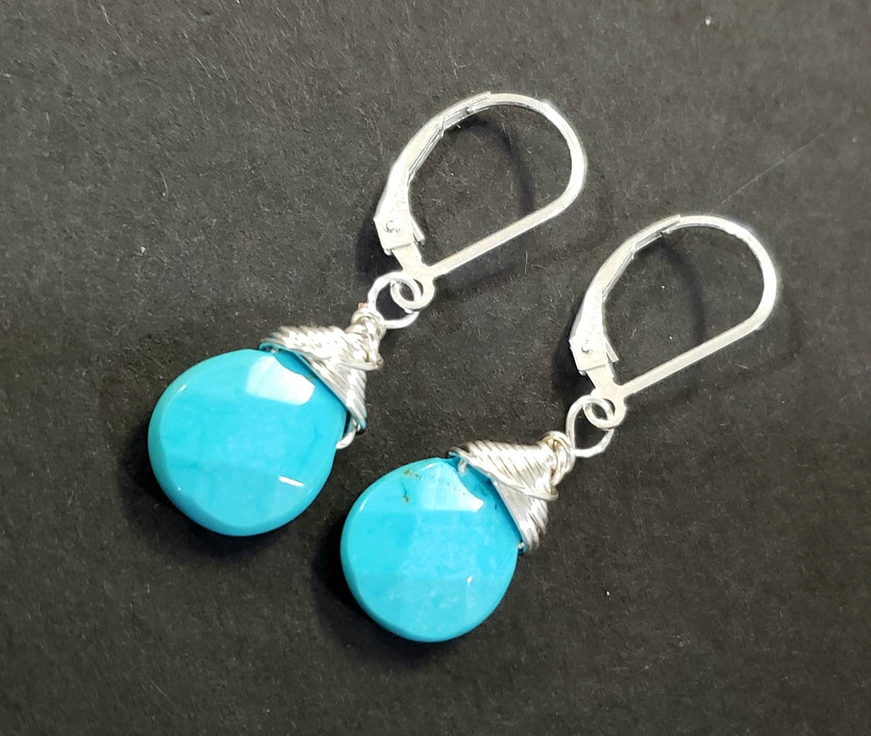 Genuine Blue Arizona Turquoise Sleeping Beauty Tear Drop Wire Wrapped Handmade Earrings, 925 Sterling Silver Leverback Earrings