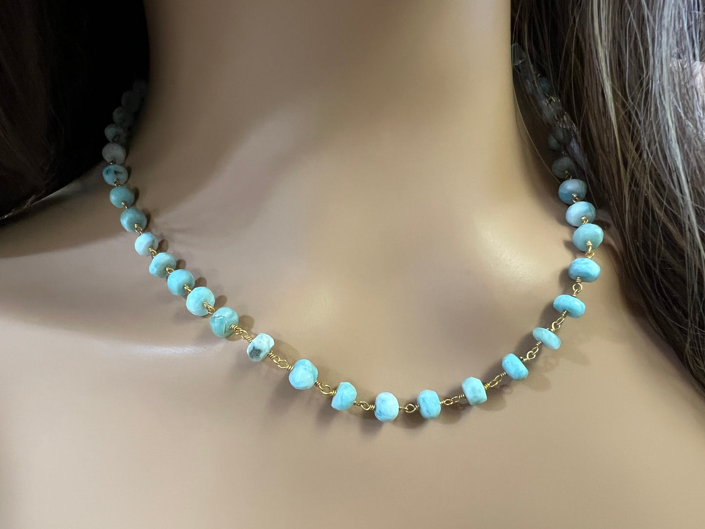 Natural Larimar Faceted 7mm Rondelle Gemstone Choker, Layering Necklace 18k gold vermeil handmade wire wrapped Healing Gem