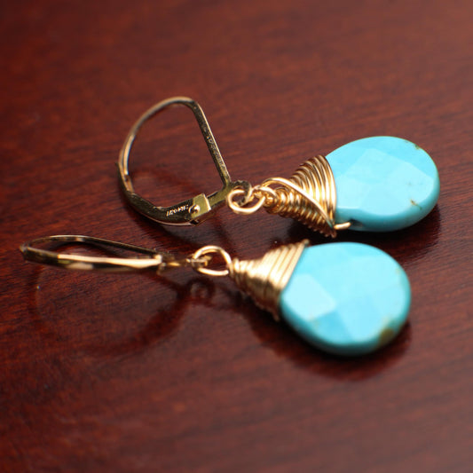 Genuine Blue Arizona Turquoise Sleeping Beauty Tear Drop Wire Wrapped Handmade Earrings, 14K Goldfilled Leverback Earrings