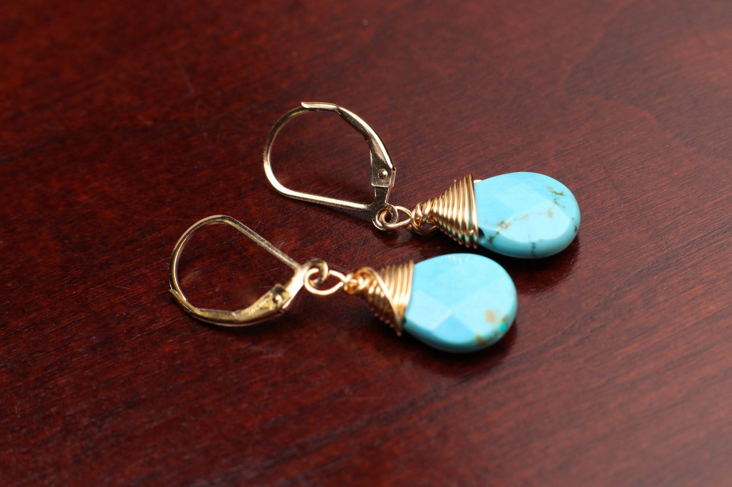 Genuine Blue Arizona Turquoise Sleeping Beauty Tear Drop Wire Wrapped Handmade Earrings, 14K Goldfilled Leverback Earrings