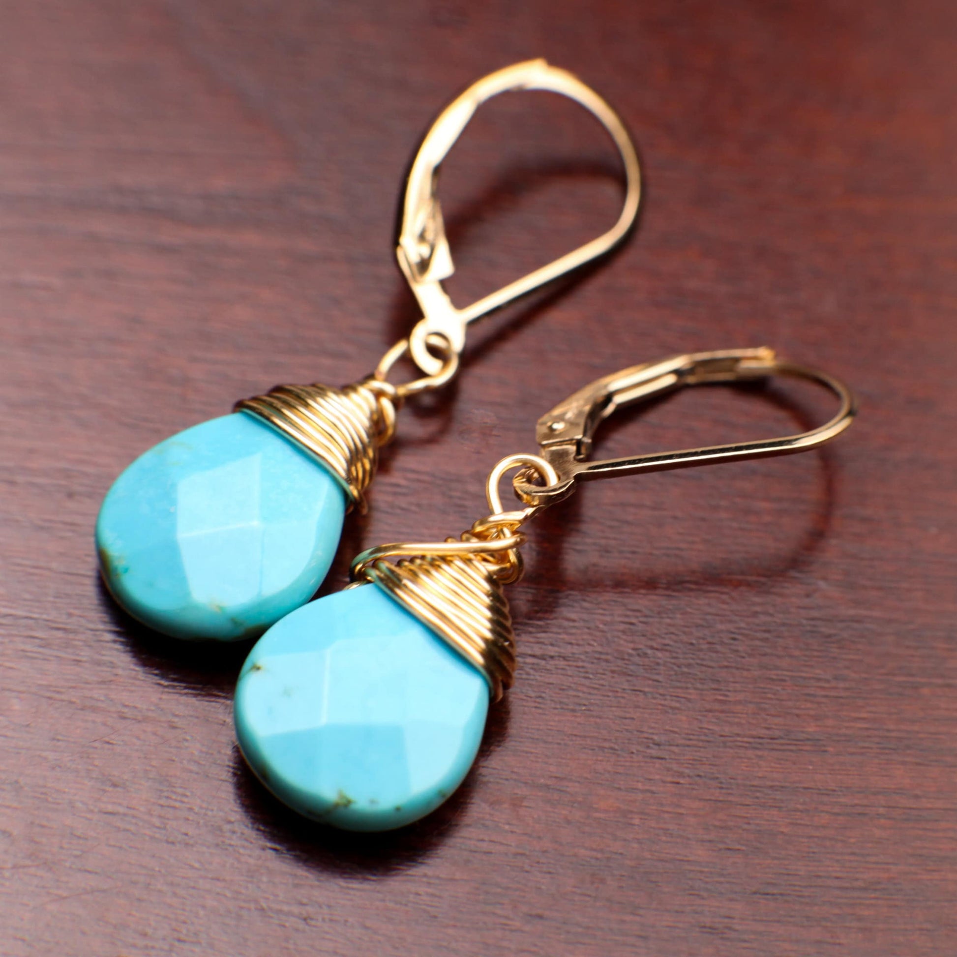 Genuine Blue Arizona Turquoise Sleeping Beauty Tear Drop Wire Wrapped Handmade Earrings, 14K Goldfilled Leverback Earrings