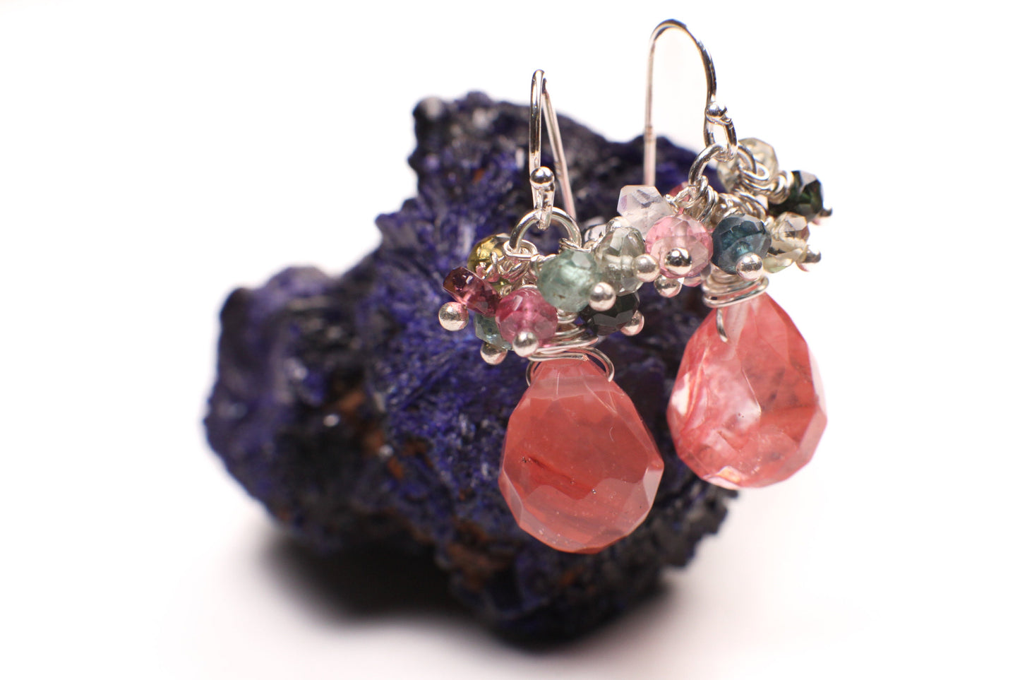 Multi Watermelon Tourmaline Cluster dangling with faceted Strawberry quartz 925 Sterling Silver Hook, Leverback Earrings, Handmade Gift