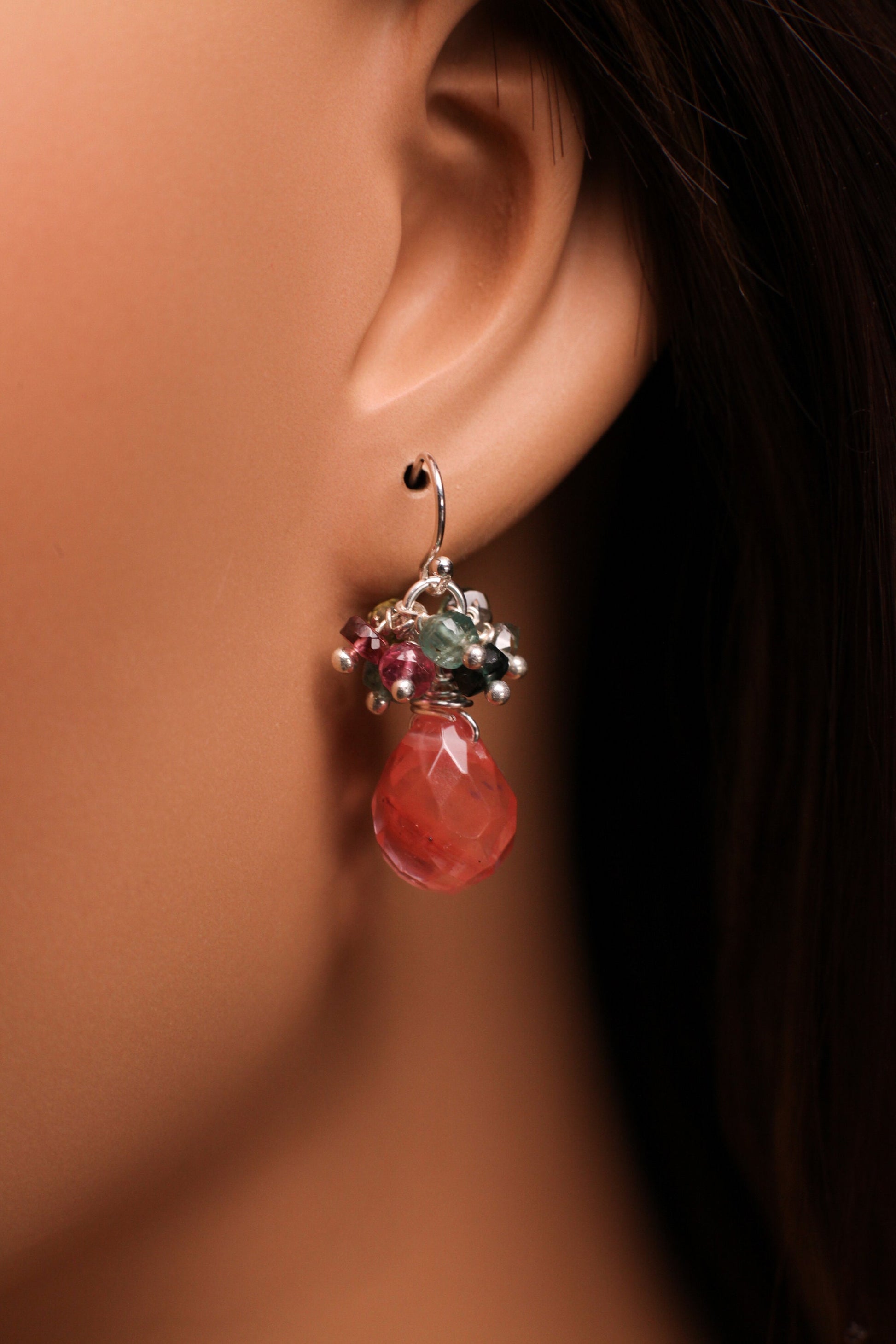 Multi Watermelon Tourmaline Cluster dangling with faceted Strawberry quartz 925 Sterling Silver Hook, Leverback Earrings, Handmade Gift