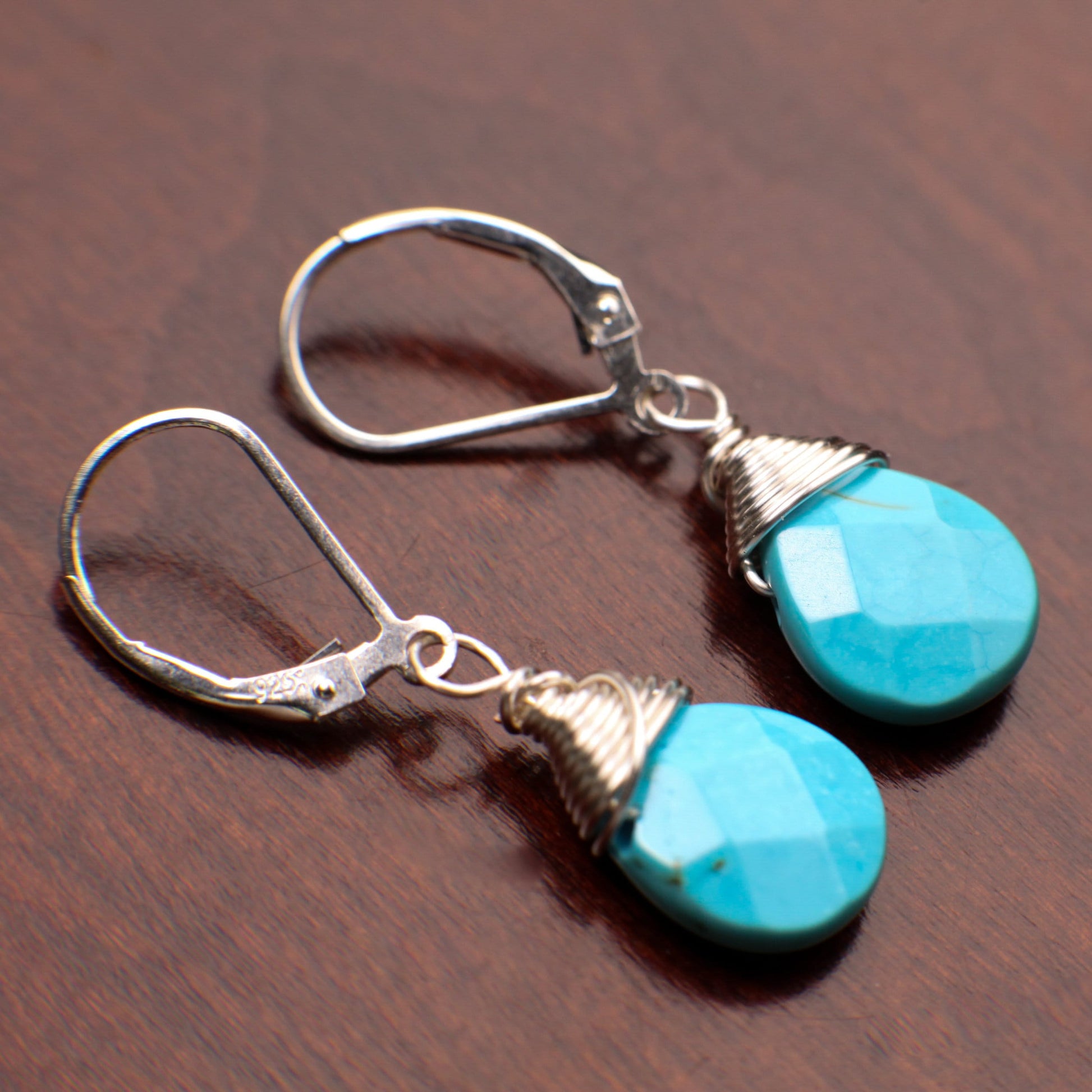 Genuine Blue Arizona Turquoise Sleeping Beauty Tear Drop Wire Wrapped Handmade Earrings, 925 Sterling Silver Leverback Earrings